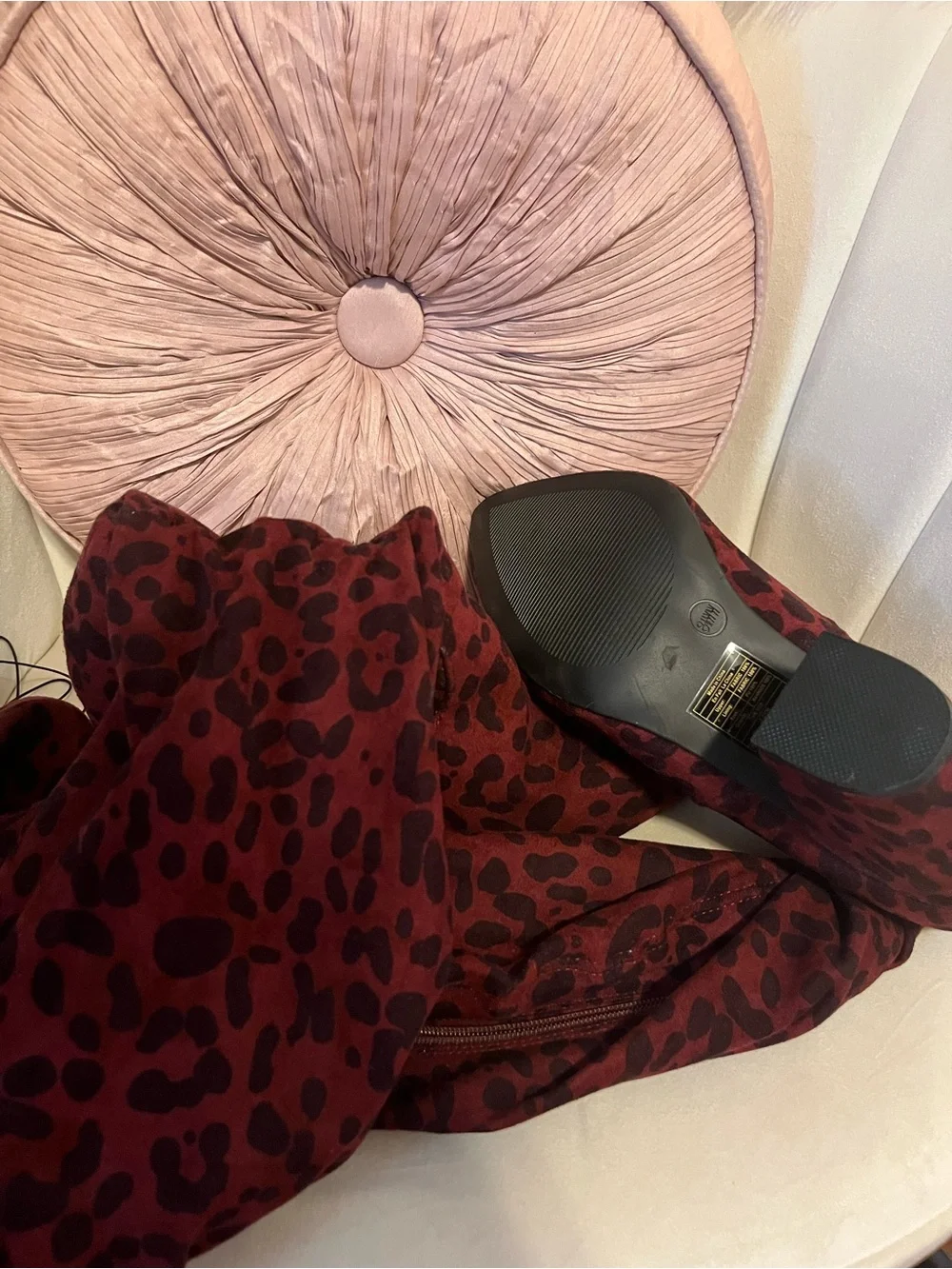 Burgundy Leopard Print Over-the-Knee Pointed Boots